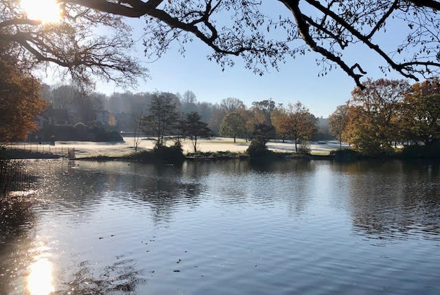 Wimbledon Park lakeside path looking towards the golf club house