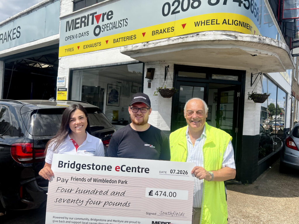 Cheque for £474 from Bridgestone and Merityre Southfields donated to Friends of Wimbledon Park Charity