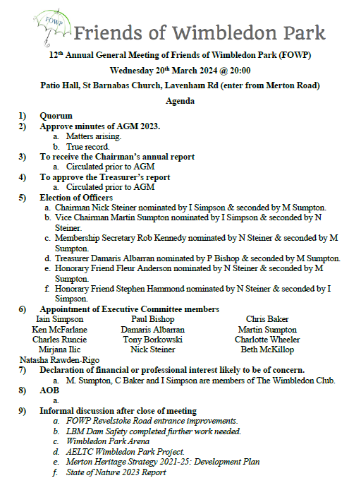 FOWP 12th Annual General Meeting Agenda 20th March 2024
